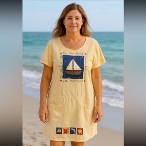 Bali Boutique Nautical Dress XL Yellow Sailboat Coastal Pockets Beachy Boho G